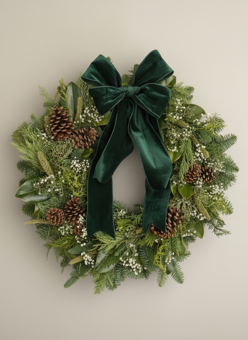 Holiday styling in soft evergreen and ivory