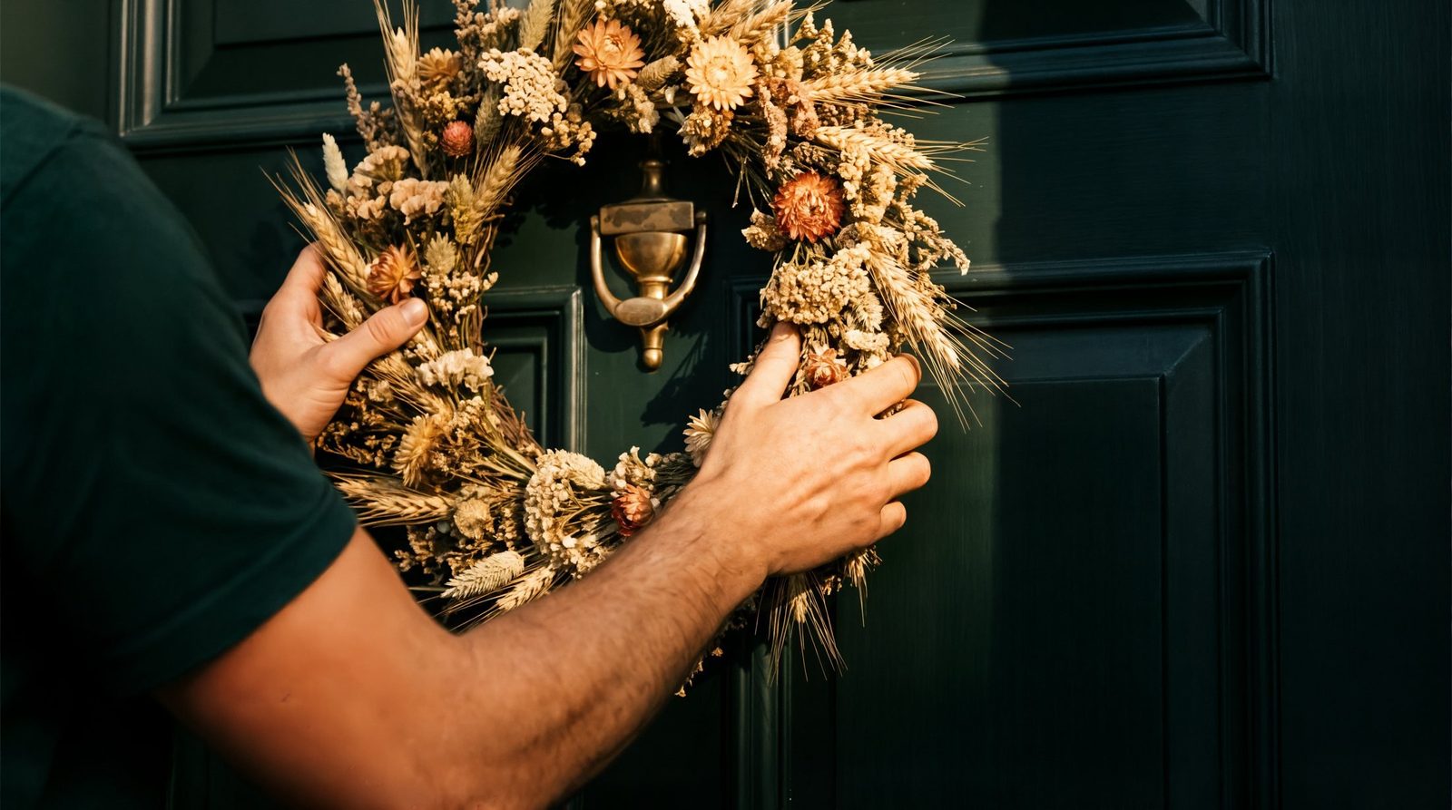 Hand-made autumn wreath being hung on a dark front door
