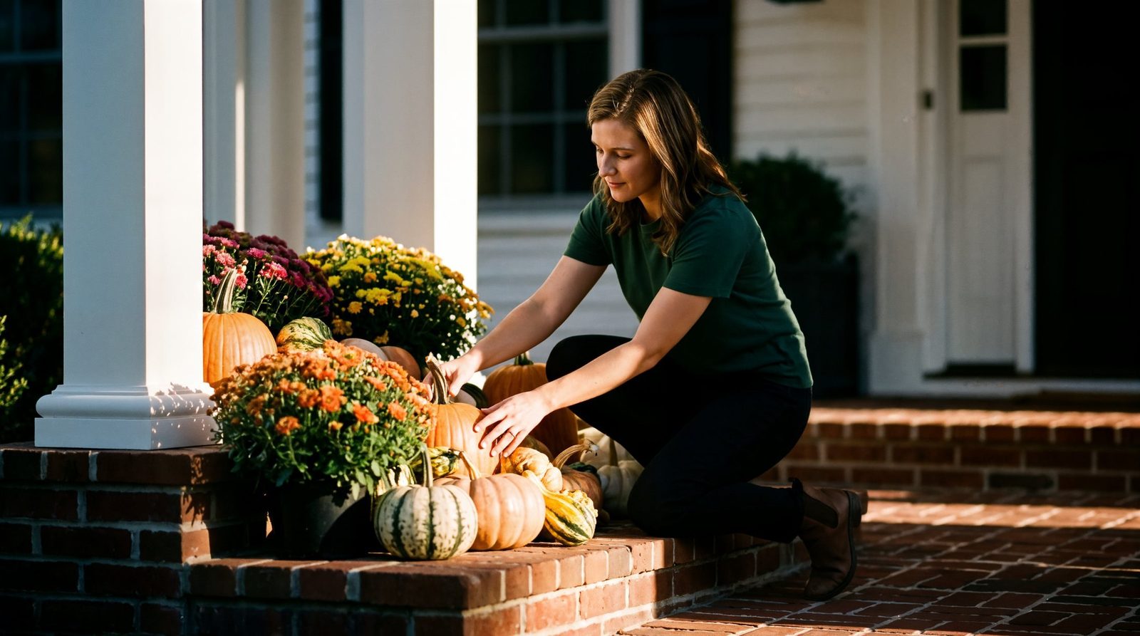 Stylist arranging pumpkins and mums down a front stoop